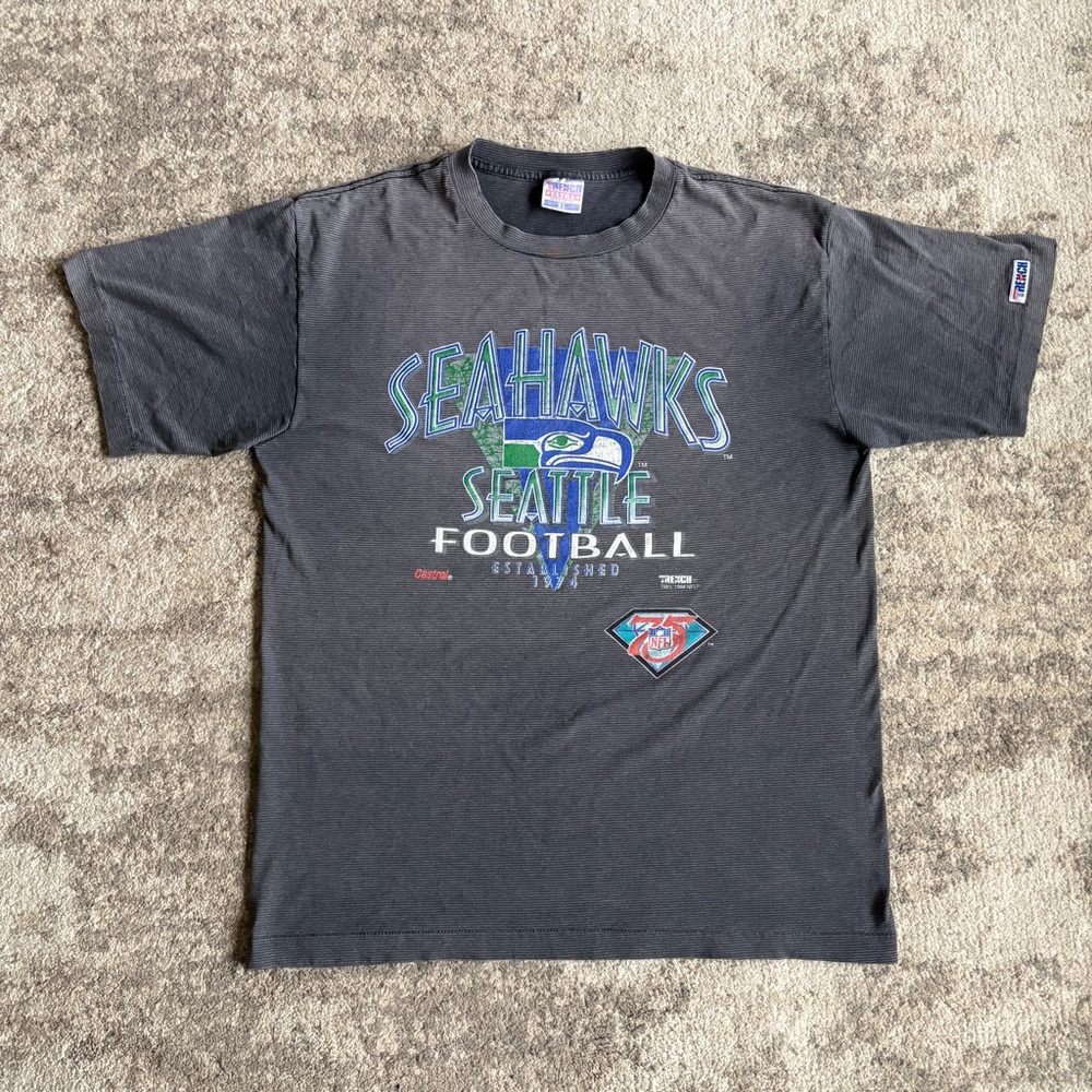 Vintage 1994 NFL Seattle Seahawks 75th Anniversary Trench Striped Faded USA Tee